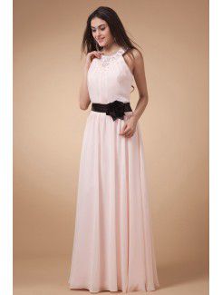 Chiffon Jewel Floor Length Column Bridesmaid Dress with Hand-made Flower