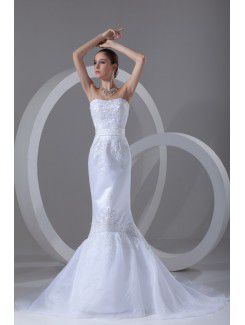 Organza and Satin Scoop Sweep Train Mermaid Embroidered Wedding Dress