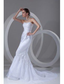 Organza and Satin Scoop Sweep Train Mermaid Embroidered Wedding Dress