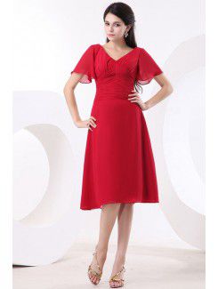 Chiffon V-Neckline Knee-Length A-line Bridesmaid Dress with Short Sleeves