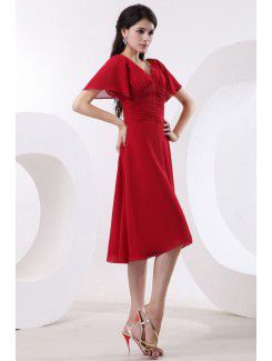 Chiffon V-Neckline Knee-Length A-line Bridesmaid Dress with Short Sleeves