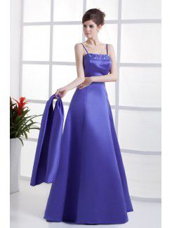 Satin Spaghetti Straps Floor Length A-Line Bridesmaid Dress with Beading