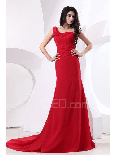 Chiffon One-Shoulder Chapel Train Sheath Bridesmaid Dress with Ruffle