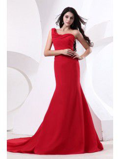 Chiffon One-Shoulder Chapel Train Sheath Bridesmaid Dress with Ruffle