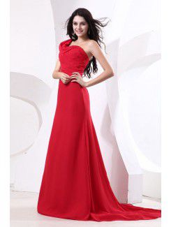 Chiffon One-Shoulder Chapel Train Sheath Bridesmaid Dress with Ruffle