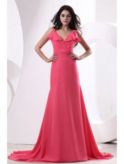 Chiffon Spaghetti Straps Sweep Train Sheath Bridesmaid Dress with Pleat