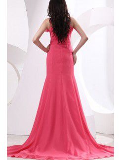 Chiffon Spaghetti Straps Sweep Train Sheath Bridesmaid Dress with Pleat