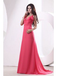 Chiffon Spaghetti Straps Sweep Train Sheath Bridesmaid Dress with Pleat