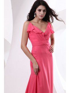 Chiffon Spaghetti Straps Sweep Train Sheath Bridesmaid Dress with Pleat