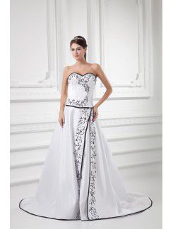 Satin Sweetheart A-line Sweep Train Embroidered Wedding Dress