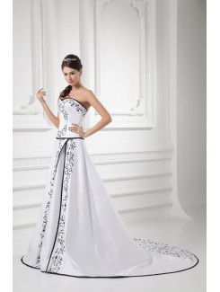 Satin Sweetheart A-line Sweep Train Embroidered Wedding Dress