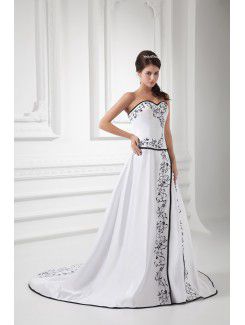 Satin Sweetheart A-line Sweep Train Embroidered Wedding Dress