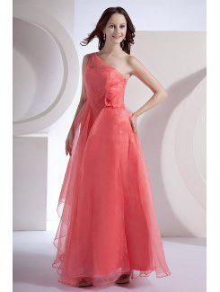 Chiffon One-Shoulder Ankle-Length A-line Bridesmaid Dress with Hand-made Flower