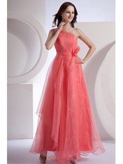 Chiffon One-Shoulder Ankle-Length A-line Bridesmaid Dress with Hand-made Flower