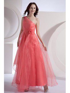 Chiffon One-Shoulder Ankle-Length A-line Bridesmaid Dress with Hand-made Flower