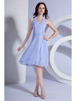 Chiffon Halter Knee-Length Sheath Bridesmaid Dress with Ruffles