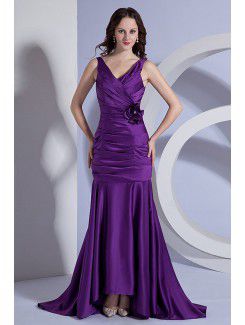 Taffeta V-Neckline Sweep Train Sheath Bridesmaid Dress with Hand-made Flower