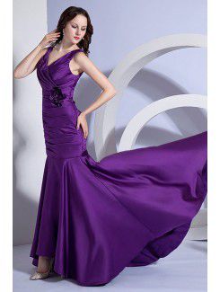 Taffeta V-Neckline Sweep Train Sheath Bridesmaid Dress with Hand-made Flower