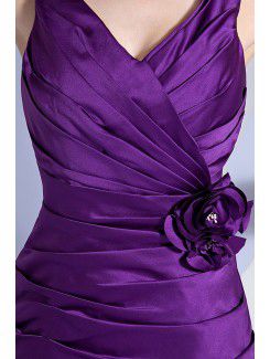 Taffeta V-Neckline Sweep Train Sheath Bridesmaid Dress with Hand-made Flower