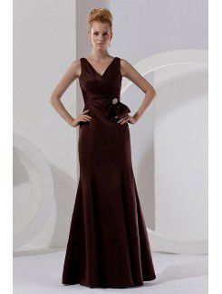 Satin V-Neckline Floor Length Sheath Bridesmaid Dress with Ruffle and Flowers