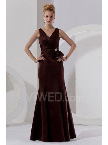 Satin V-Neckline Floor Length Sheath Bridesmaid Dress with Ruffle and Flowers