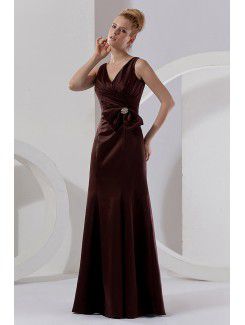 Satin V-Neckline Floor Length Sheath Bridesmaid Dress with Ruffle and Flowers