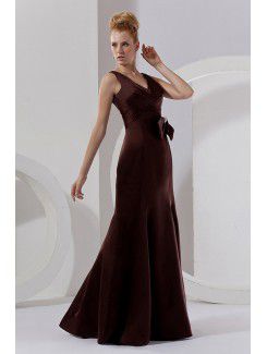 Satin V-Neckline Floor Length Sheath Bridesmaid Dress with Ruffle and Flowers