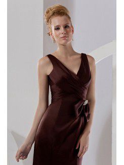 Satin V-Neckline Floor Length Sheath Bridesmaid Dress with Ruffle and Flowers