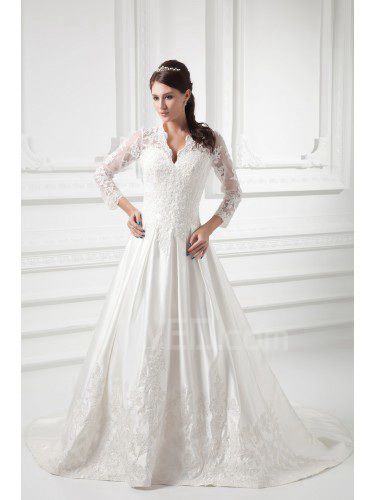 Satin V-Neckline A-line Sweep Train Lace Wedding Dress