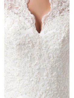 Satin V-Neckline A-line Sweep Train Lace Wedding Dress