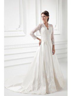 Satin V-Neckline A-line Sweep Train Lace Wedding Dress