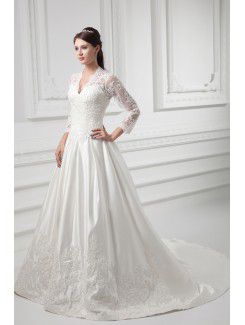 Satin V-Neckline A-line Sweep Train Lace Wedding Dress