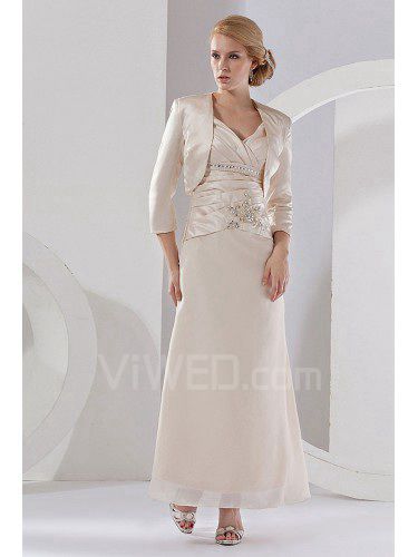 Satin Straps Ankle-Length A-line Bridesmaid Dress with Ruffle and Jacket