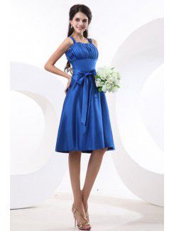 Satin Straps Knee-Length A-line Bridesmaid Dress with Pleated