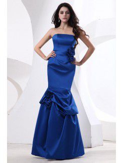 Satin Strapless Floor Length Mermaid Bridesmaid Dress with Drape and Flower