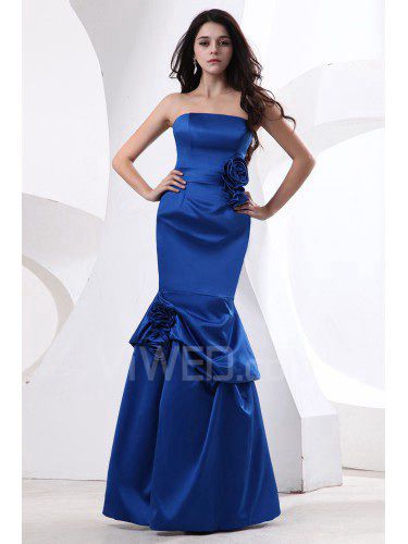 Satin Strapless Floor Length Mermaid Bridesmaid Dress with Drape and Flower