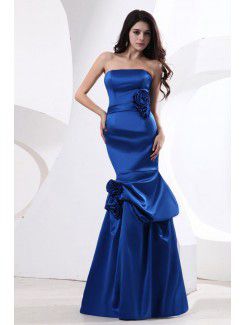 Satin Strapless Floor Length Mermaid Bridesmaid Dress with Drape and Flower