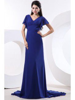 Chiffon V-Neckline Chapel Train Column Bridesmaid Dress with Pleat