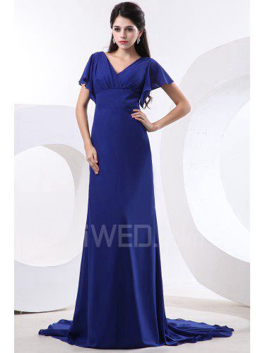 Chiffon V-Neckline Chapel Train Column Bridesmaid Dress with Pleat