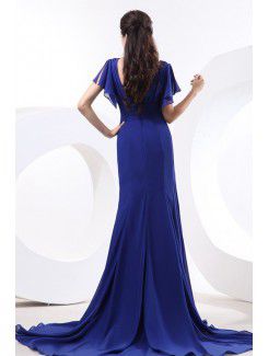 Chiffon V-Neckline Chapel Train Column Bridesmaid Dress with Pleat