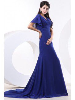 Chiffon V-Neckline Chapel Train Column Bridesmaid Dress with Pleat