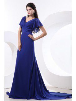 Chiffon V-Neckline Chapel Train Column Bridesmaid Dress with Pleat