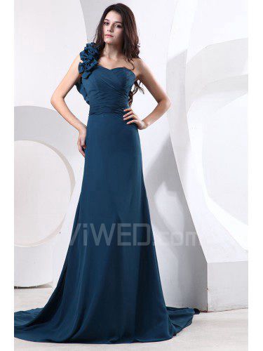 Satin and Tulle One-Shoulder Chapel Train Sheath Bridesmaid Dress with Flowers