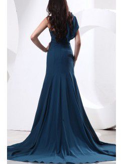 Satin and Tulle One-Shoulder Chapel Train Sheath Bridesmaid Dress with Flowers