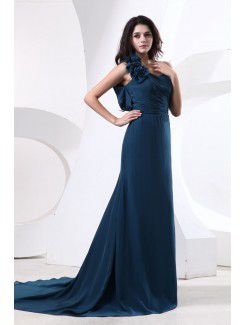 Satin and Tulle One-Shoulder Chapel Train Sheath Bridesmaid Dress with Flowers