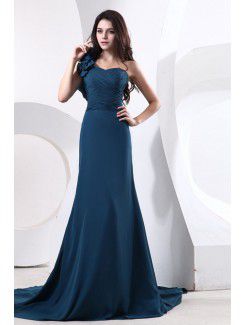 Satin and Tulle One-Shoulder Chapel Train Sheath Bridesmaid Dress with Flowers