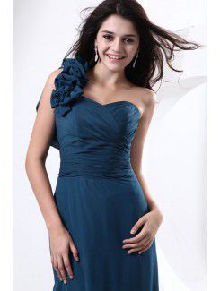 Satin and Tulle One-Shoulder Chapel Train Sheath Bridesmaid Dress with Flowers