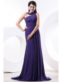 Chiffon One-Shoulder Sweep Train Sheath Bridesmaid Dress with Pleat