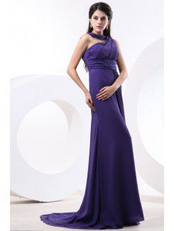 Chiffon One-Shoulder Sweep Train Sheath Bridesmaid Dress with Pleat