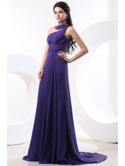 Chiffon One-Shoulder Sweep Train Sheath Bridesmaid Dress with Pleat